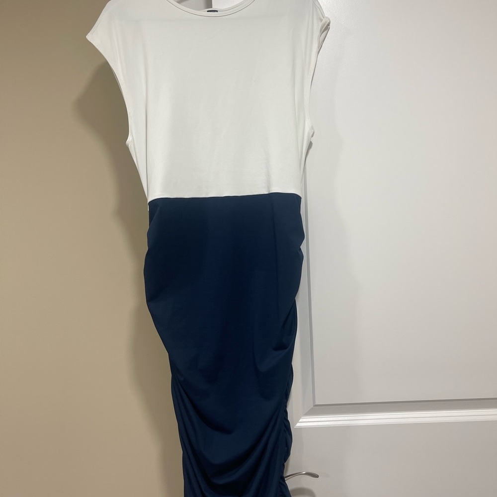 SHEIN White and Navy Asymmetrical Dress